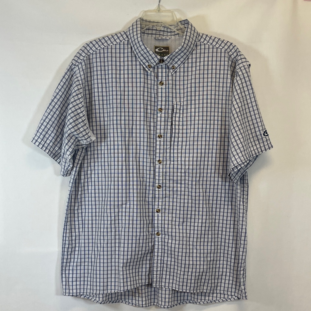 Drake Waterfowl Men's Featherlite Plaid Button Down Shirt S/S Blue White Vented